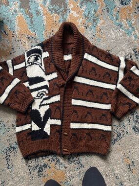 Men's Brown Shawl Collar Patterned Cardigan Sweater